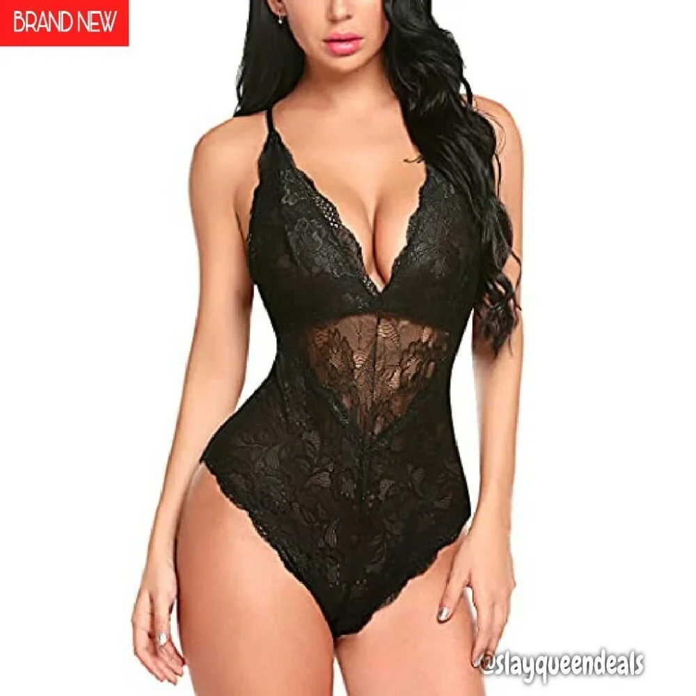Snap Crotch Lace Bodysuit Deep V Teddy One Piece Lingerie
